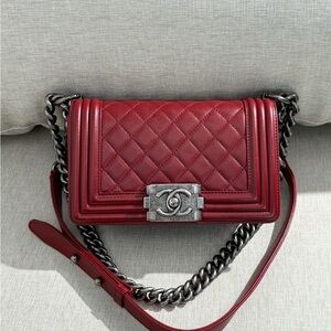 CHANEL Red Lambskin Boy Flap Bag Small SHW